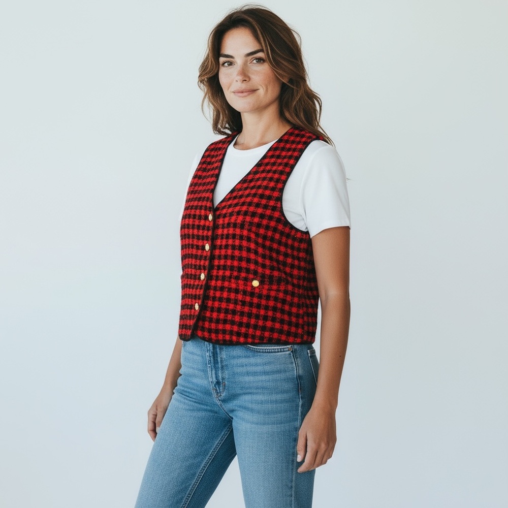 Vtg 90s VM Sport Vest M Red Black Tartan Plaid Button Made In USA Christmas